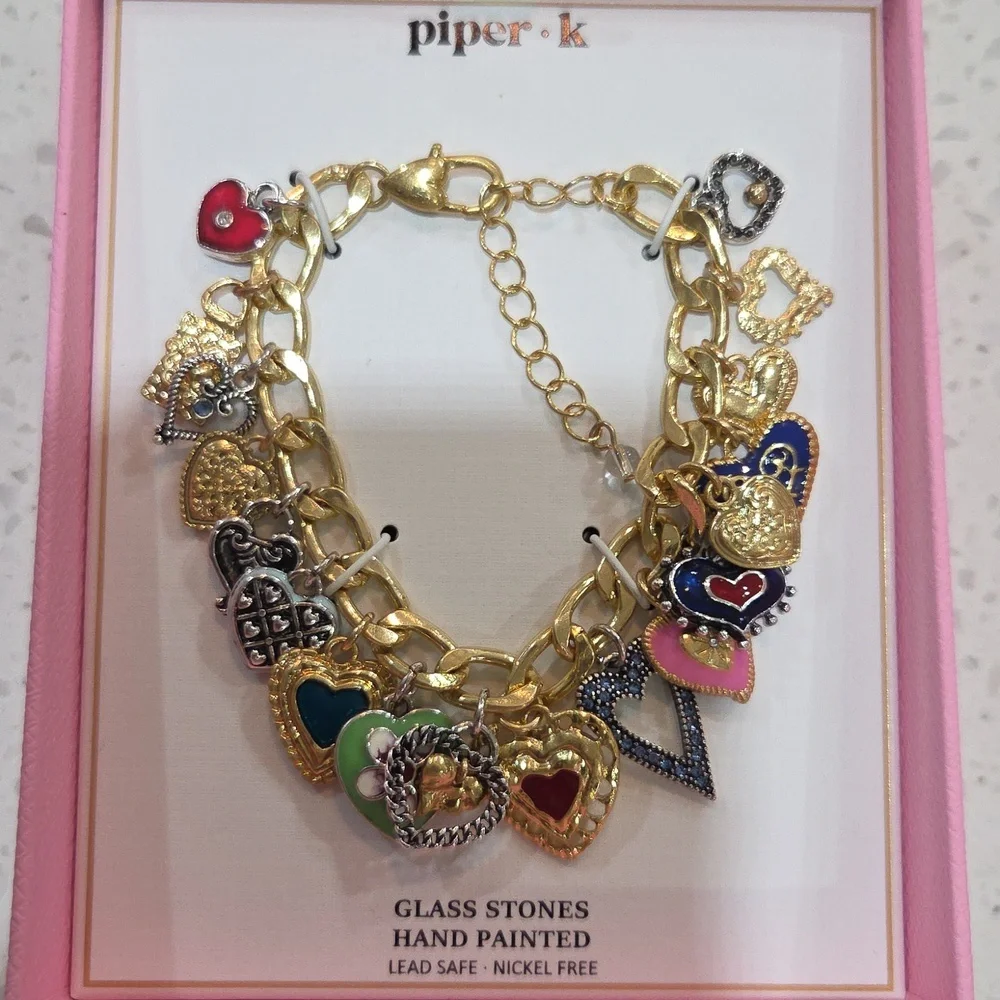 💕🔹️Piper K Beautiful Gold Tone  Multi-Color Heart Charm Glass Stones Bracelet - Picture 7 of 7